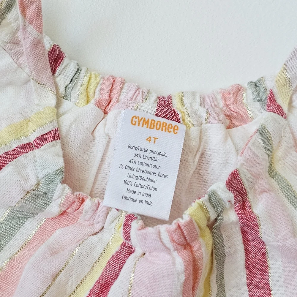 Gymboree 4T Girls Linen Cotton Striped Sundress Gold Metallic Thread Lined